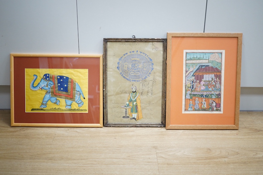 Three late 19th/early 20th century Indian gouaches, including Jaipur Government and figures beneath a pagoda, largest 33 x 22cm. Condition - fair